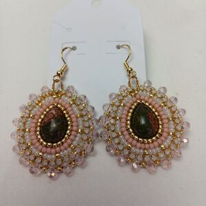 Round Seed-beaded Dangle Earrings Central Dark Stone Pink Gold Pearl Crystal